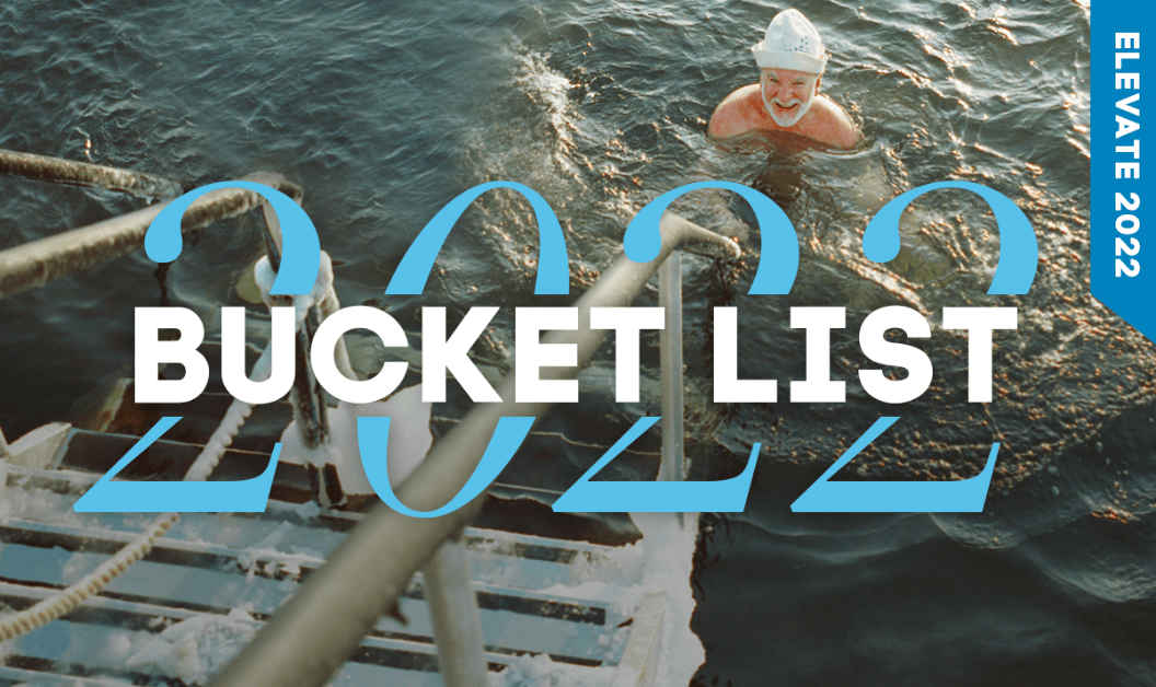 Person in the ocean with the text "2022 Bucket List" overlaying the image.