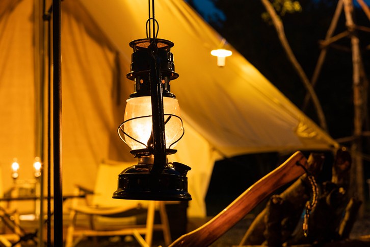 Hanging lantern in a tent. 