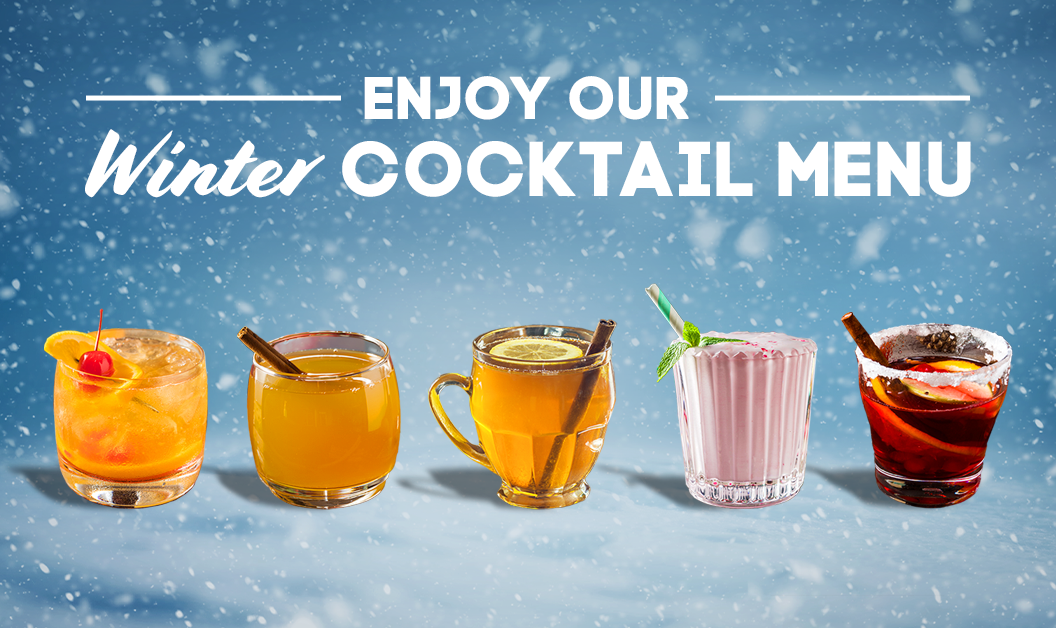 A variety of cocktails with the text "Enjoy our winter cocktail menu"