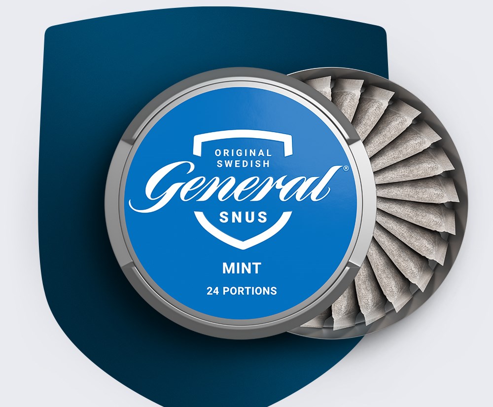 A General Snus mint can in front of a blue badge. 